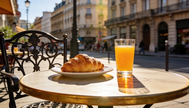 Delicious golden croissant and refreshing orange juice served on a cafe table in Paris on a sunny morning