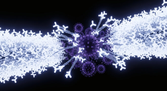 Dynamic microscopic visualization of an immune system's intricate defense mechanisms, showcasing antibodies actively engaging and neutralizing viral pathogens
