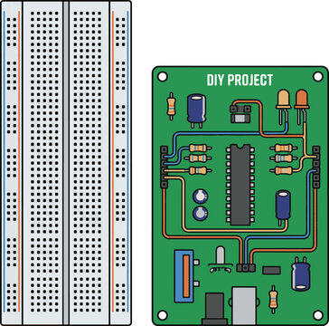 A DIY electronics project with a green circuit board and various colorful components on a white background with a perforated board.