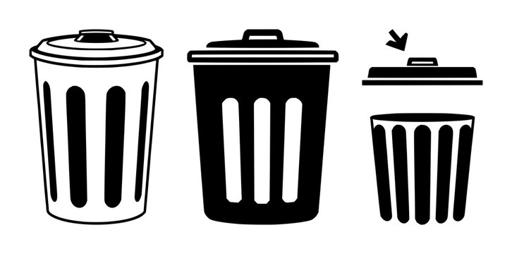Solid black icon, white background: trash can delete icon set with simple line art design featuring line art, illustrations, graphic resources with vector and design elements