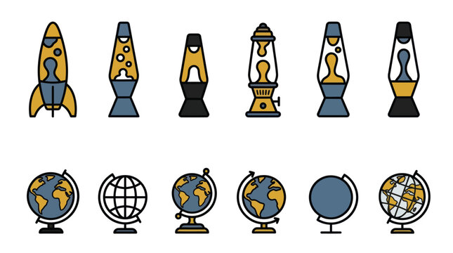 Rocket lava lamps and terrestrial globe icons set.