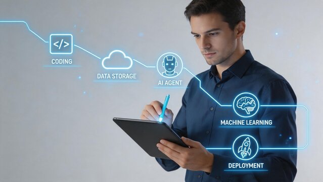 Man using tablet with AI and coding icons