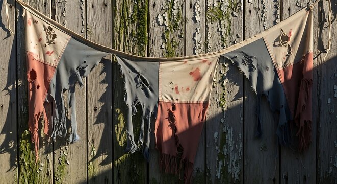 Tattered and stained fabric bunting hanging on a rustic wooden fence