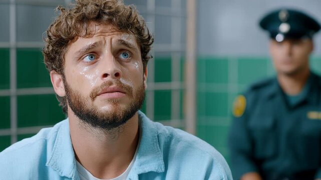 A close-up shot of a distraught man in a prison uniform with a guard standing in the background.