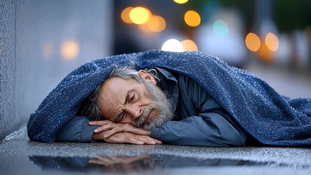 An elderly homeless man sleeps on a wet city street, covered by a blue blanket in the cold rain.