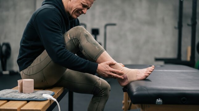 Man in Gym Grimacing with Painful Ankle Sprain Holding Bandaged Foot While Sitting on Bench During Sports Rehabilitation