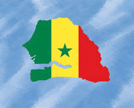 Senegal map with national flag and green star on watercolor background