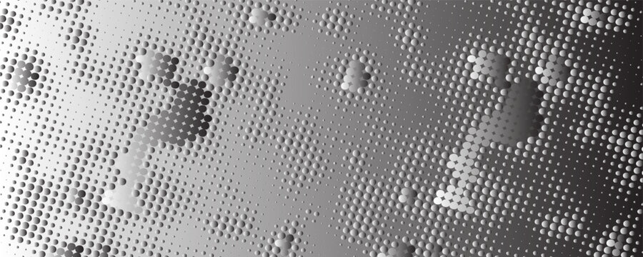 Abstract monochrome halftone dot pattern background with silver gradient effect.