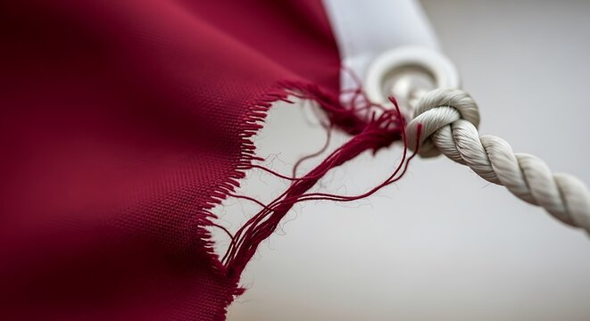 Closeup of a frayed red fabric flag attached to a rope