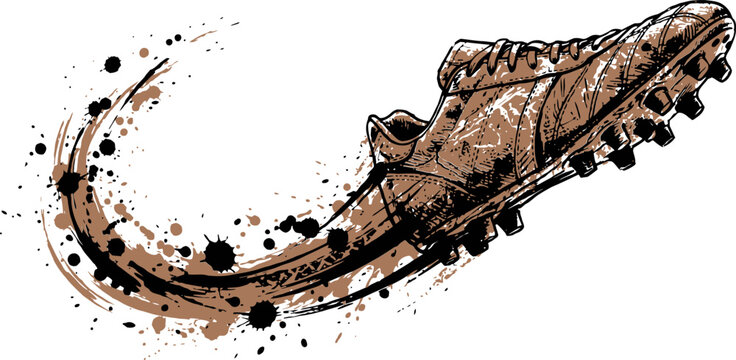 Vintage soccer cleat vector illustration, brown leather football boot with grunge splash, athletic footwear sketch with ink splatter motion effect