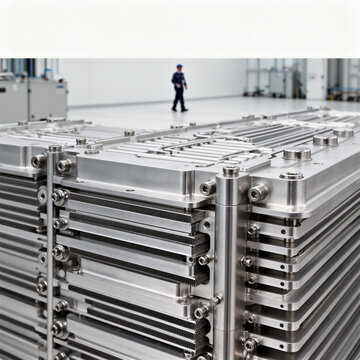 Extreme close up of hydrogen fuel cell stack plates with detailed CNC machining metal texture and precision bolts engineering background blur