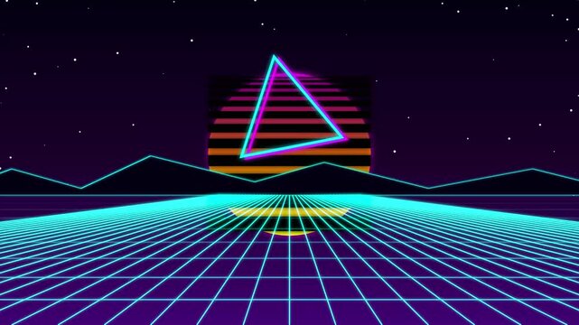 Retro Futuristic Landscape with Neon Grid and Triangle Sun.