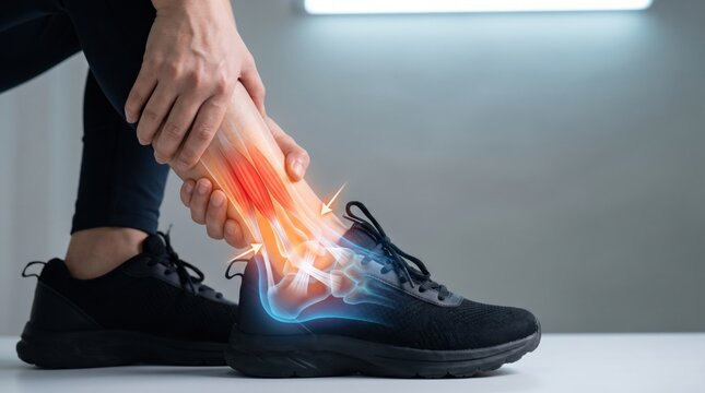 Close up of person holding painful ankle sprain with anatomical medical illustration showing bone and ligament injury