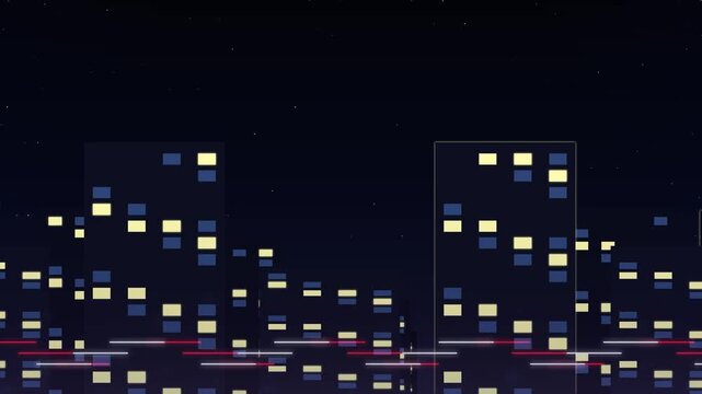 Abstract cityscape at night with glowing windows and dark sky.