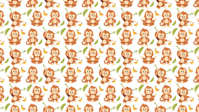 Cute cartoon monkeys with banana and leaf motifs. Playful, smiling faces suggest joy and innocence. Pattern repeats evenly on a plain white background. Ideal for children's books