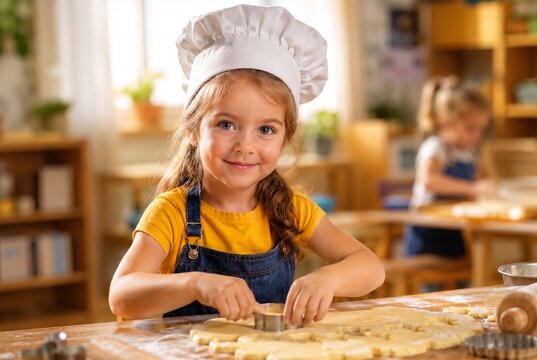  S&uuml;&szlig;es kleines M&auml;dchen mit Kochm&uuml;tze backt Pl&auml;tzchen. Kochkurs und Back-Meisterklasse f&uuml;r Kinder