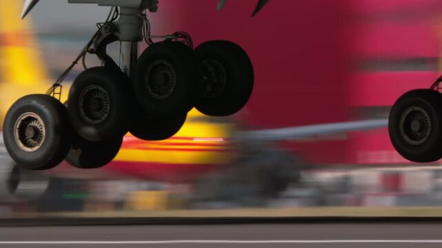 Extreme close up of commercial aircraft main landing gear rolling on runway after landing, multiple wheel and strut visible, smoke visible, slow motion