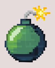 Fototapeta premium Vintage green round bomb weapon element with burning spark fuse for gaming interface layout design pixel art digital illustration vector