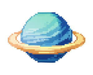 Yellow blue planet saturn with cosmic orbital rings celestial astronomy object for gameplay interface design pixel art digital illustration vector © Wooork