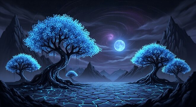 Majestic glowing blue magical trees with luminous foliage standing on rocky terrain, reflecting in calm dark water beneath a deep night sky with twin glowing moons and faint distant stars. Fantasy con