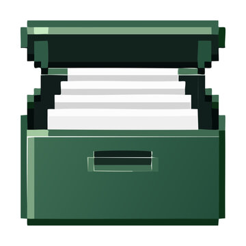 Open green metal file storage box organizer folder filled with papers documents for corporate office pixel art digital illustration vector