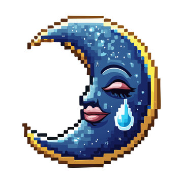 Sorrowful blue crescent moon face character crying with shiny crystal water teardrop for enchanted night layout pixel art digital illustration vector