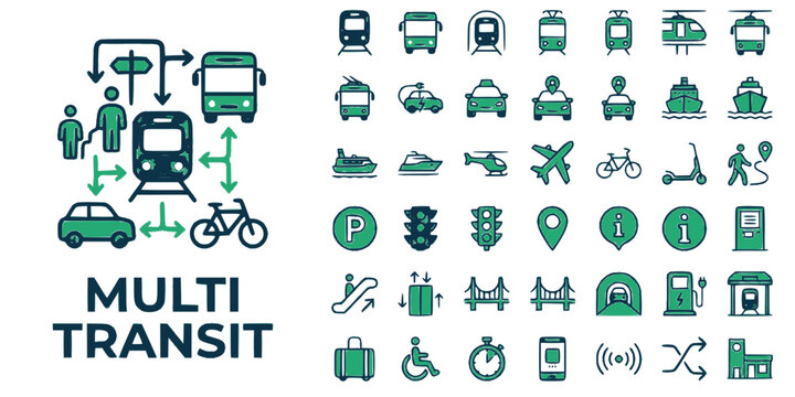 Multi-Modal Transportation Icons, Dual-Tone Transit Vector Set