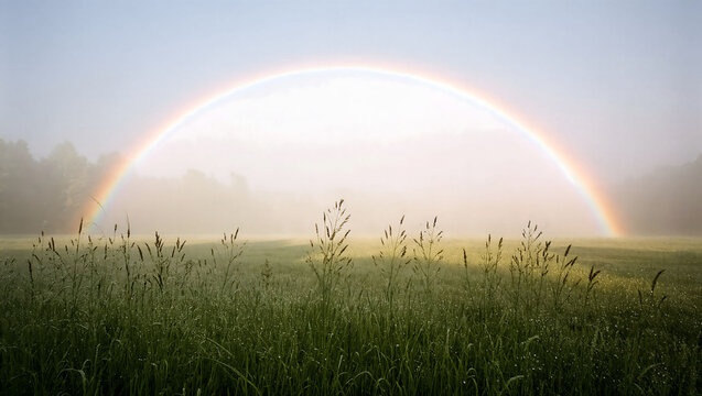 Ethereal Fog Bow Appearing in Morning Mist Above a Peaceful Meadow