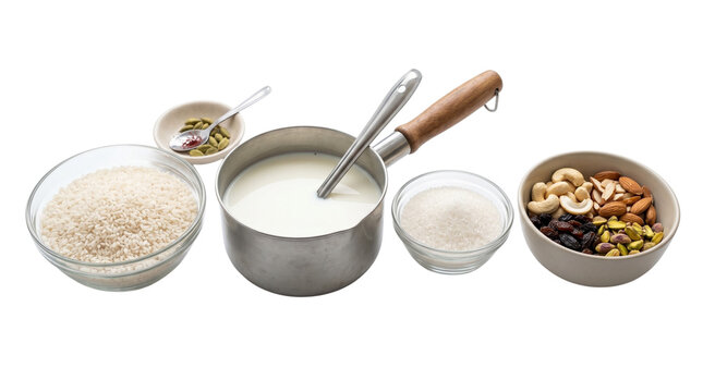 Ingredients for kheer or rice pudding isolated on transparent background
