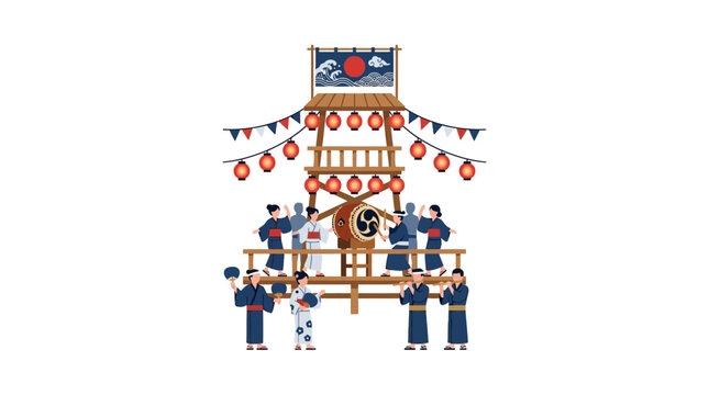 Japanese festival float with taiko drum and people in traditional yukata