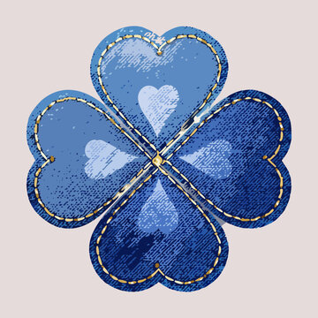 Blue denim patch badge shaped as four leaf fortune clover plant icon with traditional gold stitch borders in pixel art style