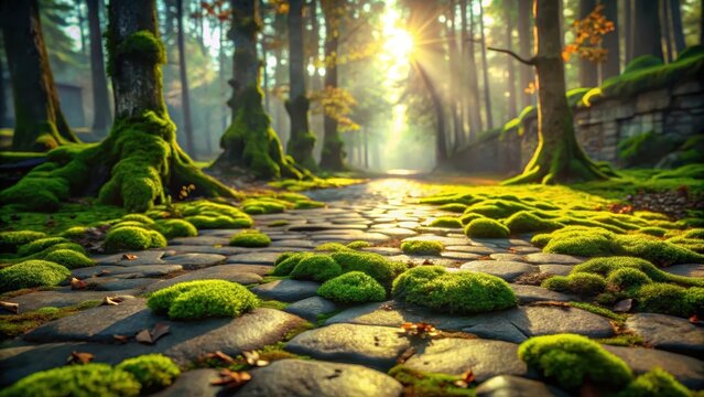 Mossy forest floor with pavement symbolic of vulnerable nature