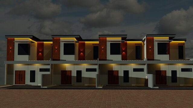 row of modern minimalist two story residential houses architectural rendering