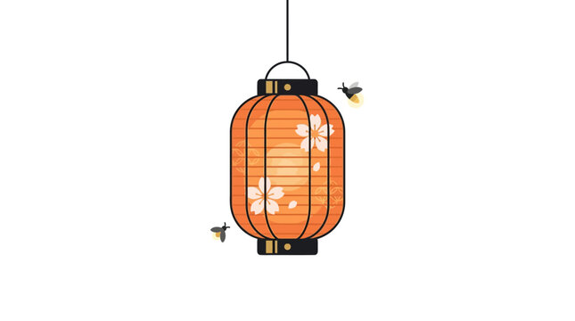 Japanese Lantern with Cherry Blossoms and Fireflies on White Background