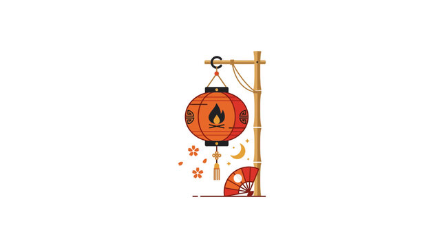 Japanese Lantern with Fire Symbol Hanging on Bamboo Pole, Moon and Flowers