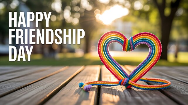 Happy friendship day concept with colorful heart shape on wooden table