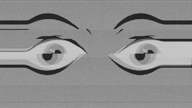 Monochrome human eyes illustration with distortions and glitch effects