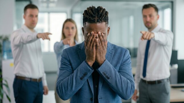 Stressed African American businessman covering his face in despair while colleagues point fingers at him in the background. Workplace bullying, racism, and racial discrimination concept.