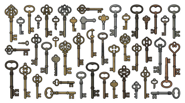 Collection of Vintage and Antique Keys, Old Skeleton Keys, Decorative Keys