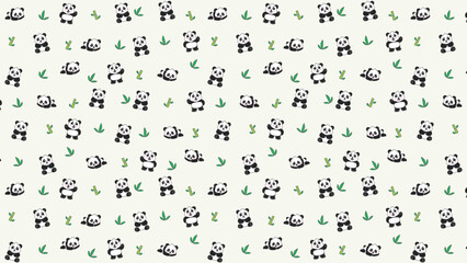 Obraz premium Cute pandas play among green bamboo leaves. Simple, playful design for children's projects. Soft cream background adds gentle charm. Perfect for nursery rooms or educational printables