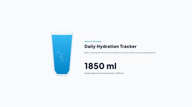 Daily hydration tracker animation showing water pouring into a glass with volume counter