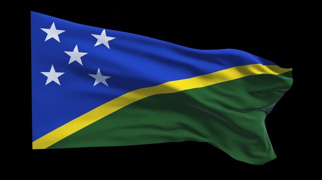 Professional animation of the Solomon Islands flag waving in the wind, ideal for Pacific travel videos, cultural projects, education, web banner use, and national holiday visuals.