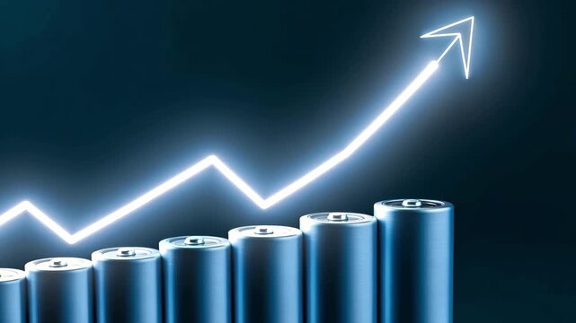 A row of cylindrical battery cells with a glowing upward arrow represents the growth and investment tendencies of the battery market.