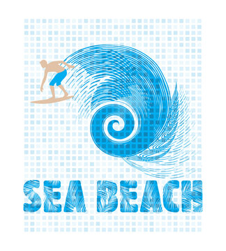 t-shirt print design, illustration of man surfing sea beach typography t-shirt design. abstract white blue color graphic design for apparel clothing . transparent PNG light and dark color background.