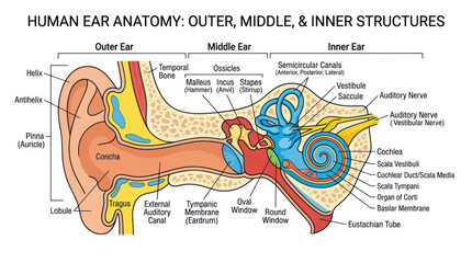 Human Ear Anatomy: Outer, Middle, Inner Structures Diagram - Medical Illustration © meja