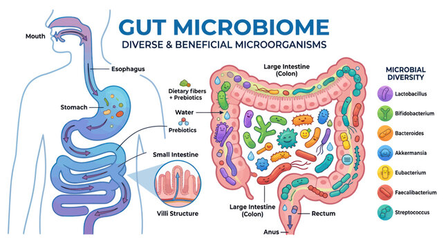 Gut Microbiome: Diverse Beneficial Microorganisms in Human Digestive System