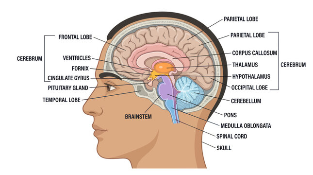 Human Brain Anatomy Diagram: Lobes, Cerebellum, Brainstem, Skull