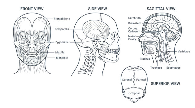 Human Skull Anatomy: Front, Side, Sagittal, and Superior Views