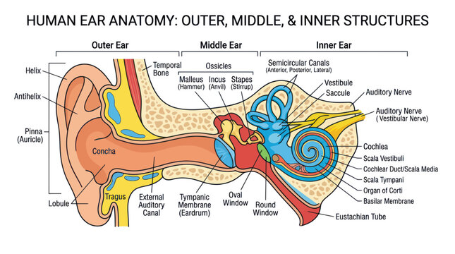 Human Ear Anatomy: Outer, Middle, Inner Structures Diagram - Medical Illustration