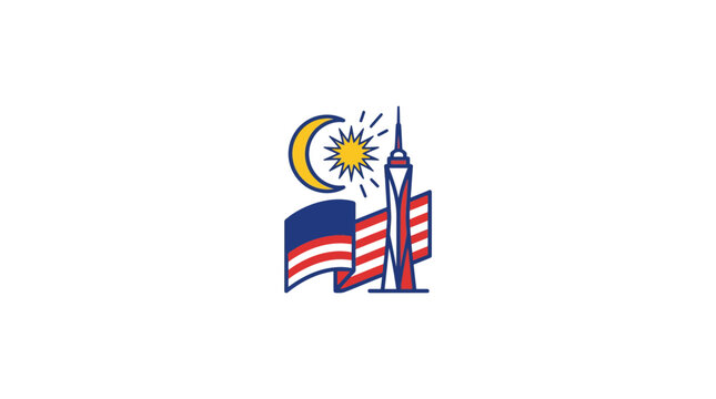Malaysia Merdeka Day Celebration Icon with National Flag and Tower Landmark